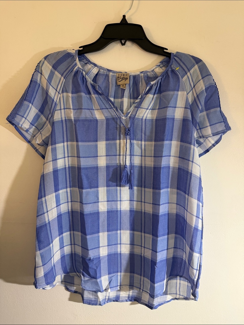 Como Vintage Blue and White Plaid Short Sleeve Peasant Blouse